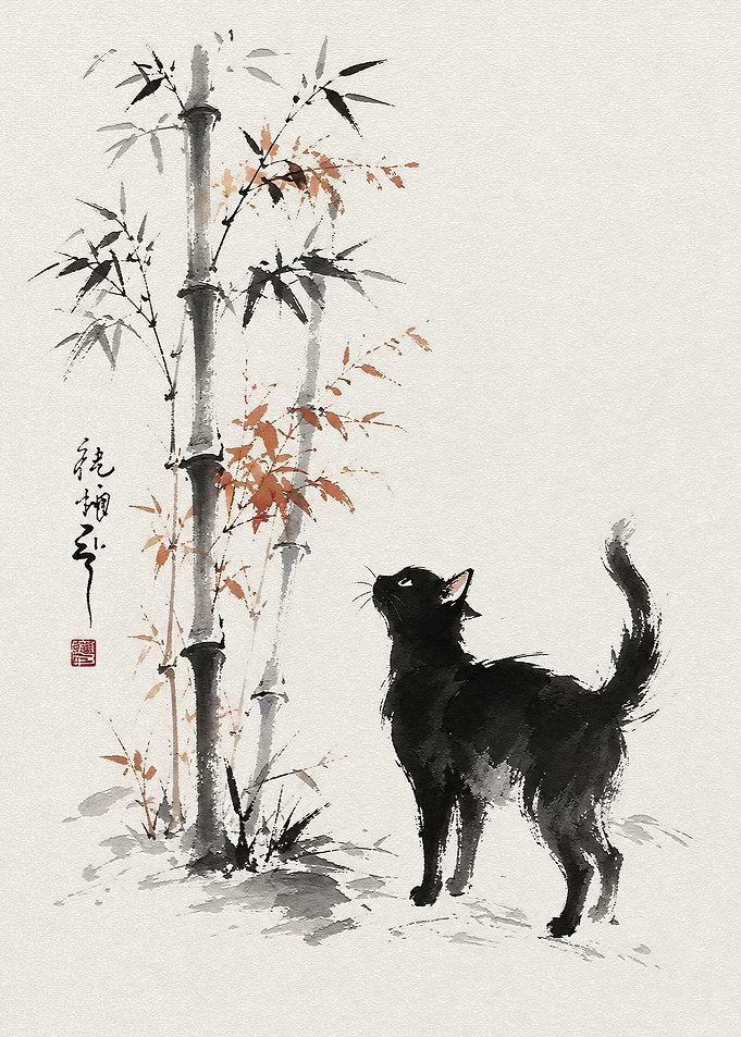 Black Cat and Bamboo Ink Painting