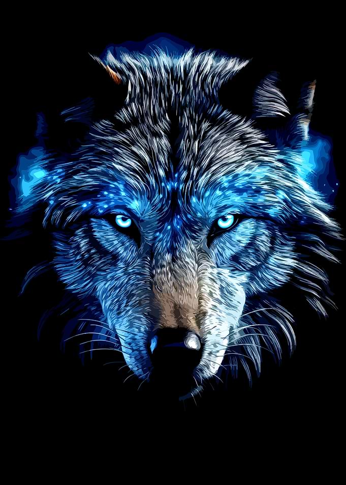 Glowing Blue Neon Wolf Portrait
