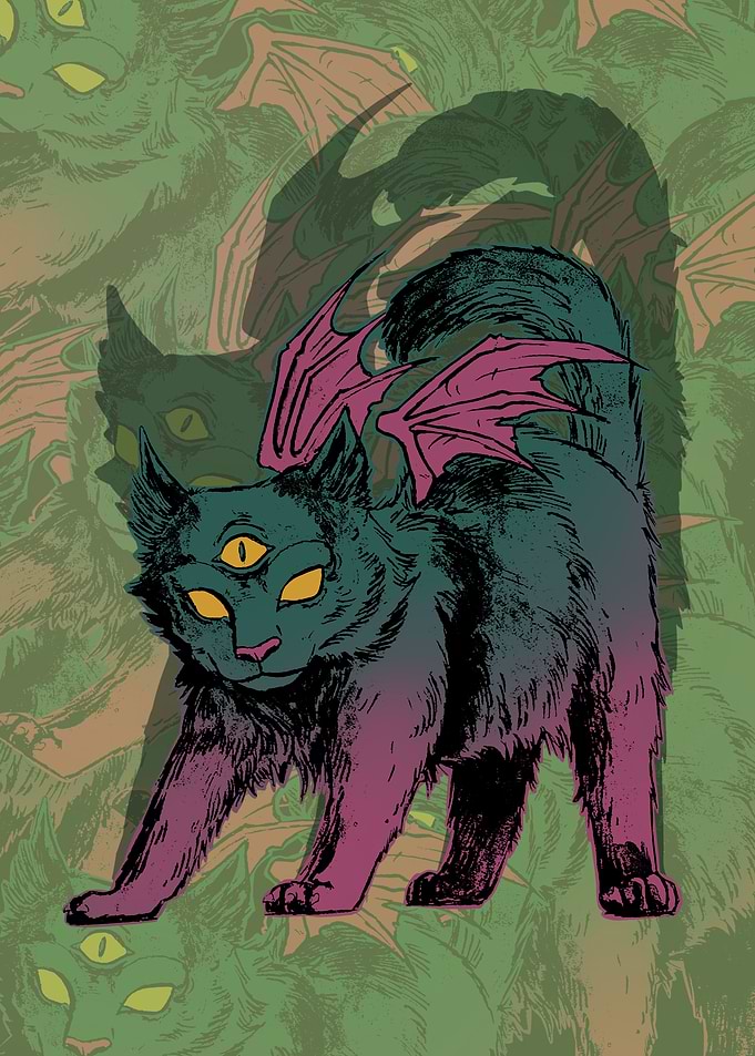 Three-Eyed Winged Cat Illustration