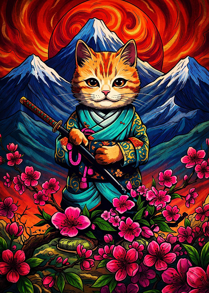 Samurai Cat with Cherry Blossoms