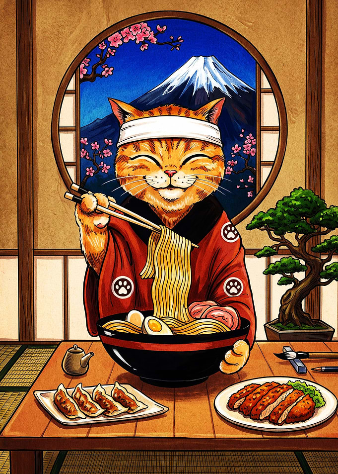 Cat Eating Ramen with Mount Fuji