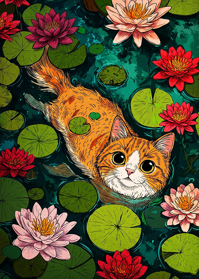 Orange Tabby Cat in Lily Pond