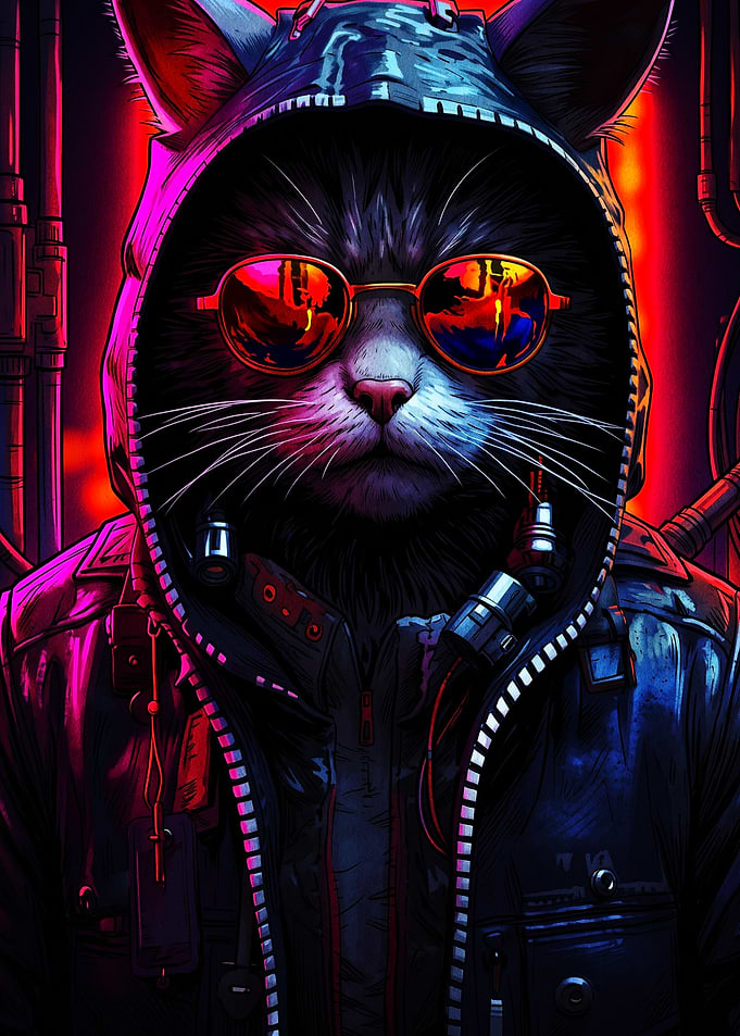 Cyberpunk Cat in Hoodie and Sunglasses