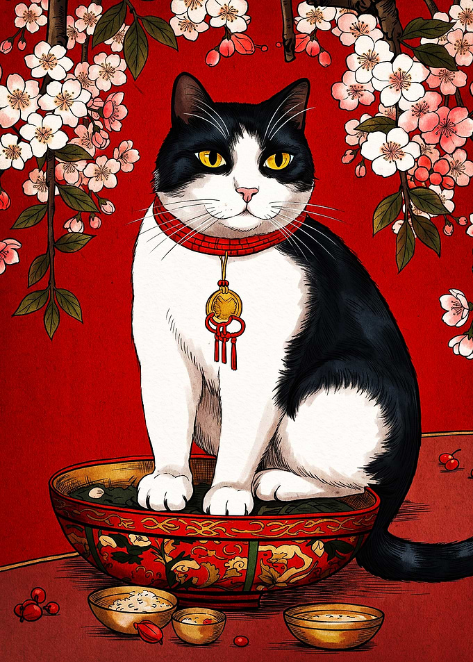 Tuxedo Cat in Traditional Asian Setting