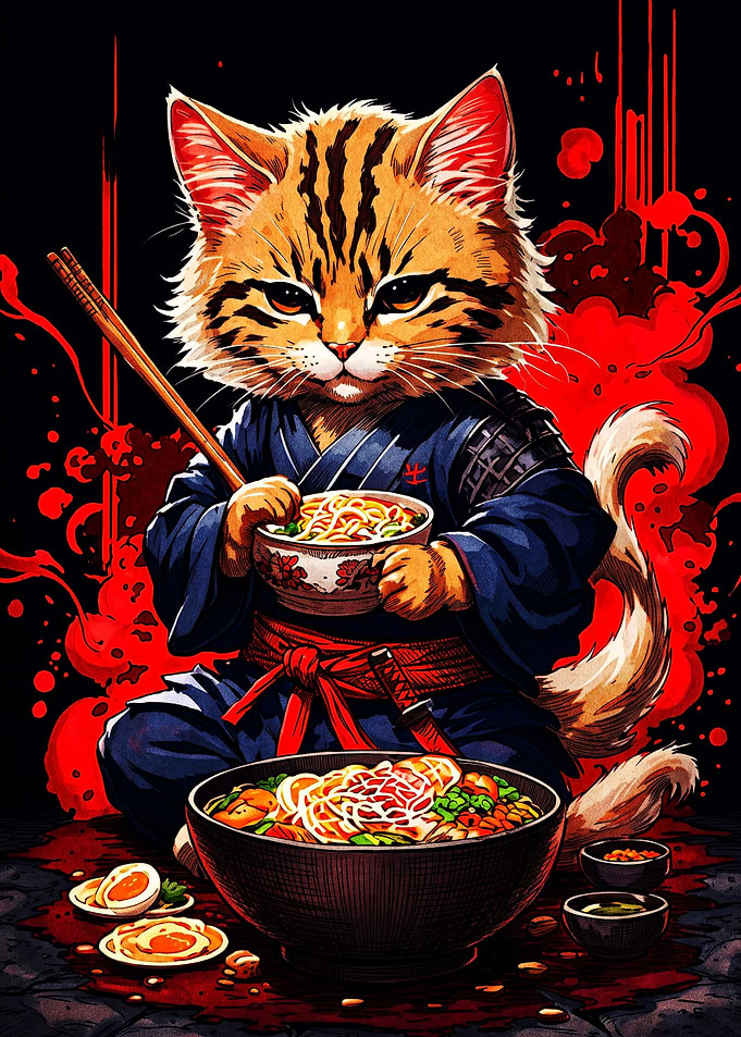 Samurai Cat Eating Ramen