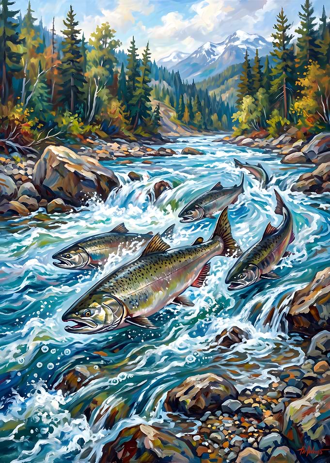 Salmon Swimming Upstream in Mountain River