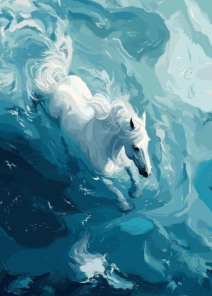 White Horse Swimming in Blue Water