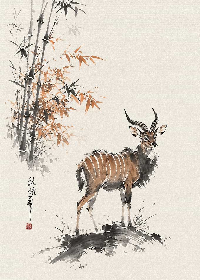 Sumi-e Style Nyala Antelope and Bamboo