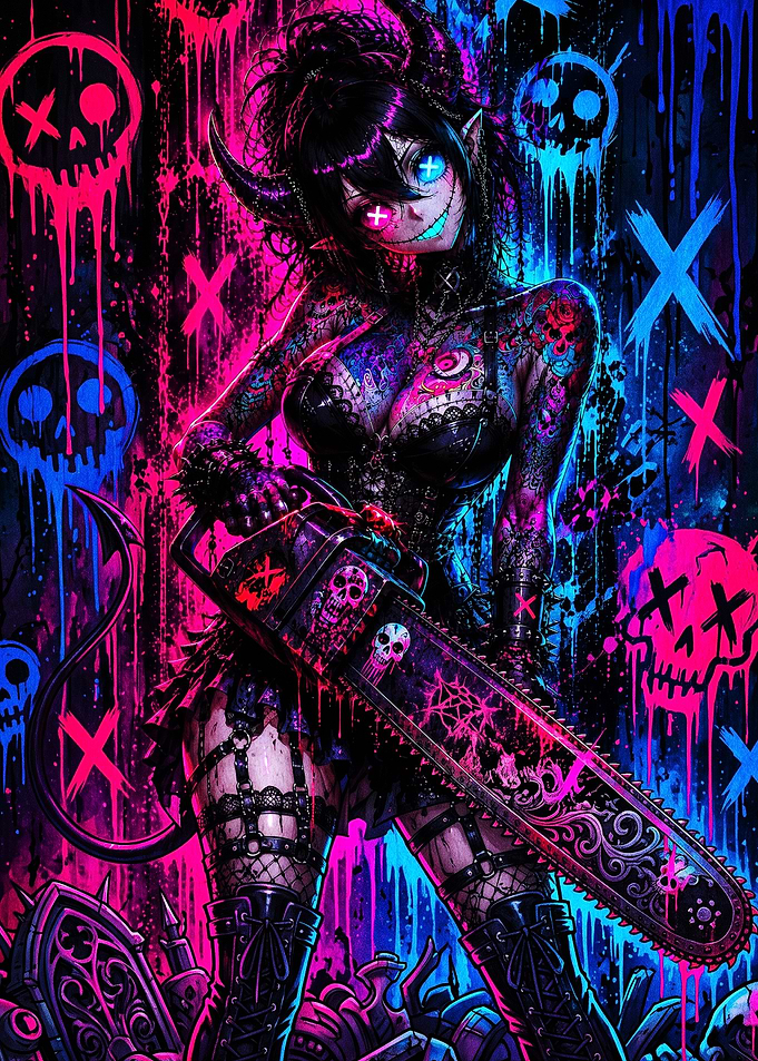 Neon Demon Girl with Chainsaw