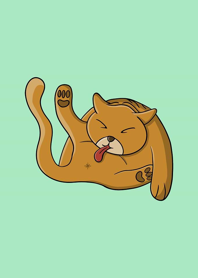 Cute Cartoon Ginger Cat Grooming