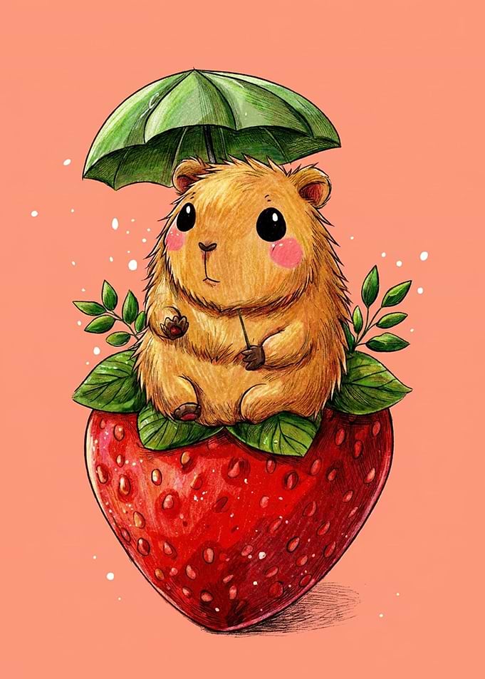 Cute Capybara Sitting on a Strawberry