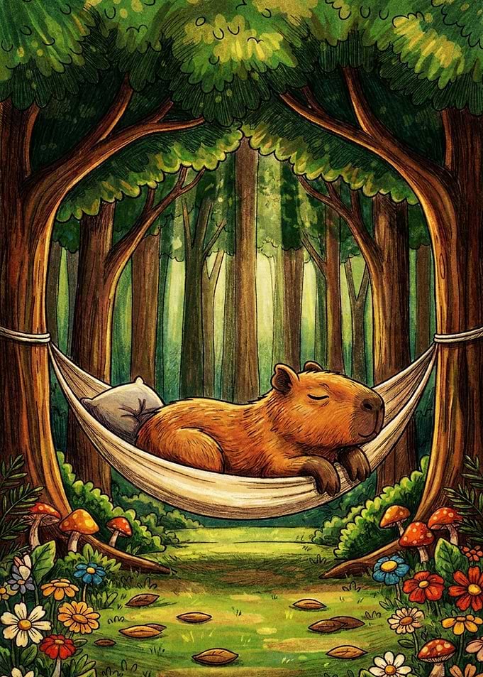 Capybara Sleeping in a Forest Hammock