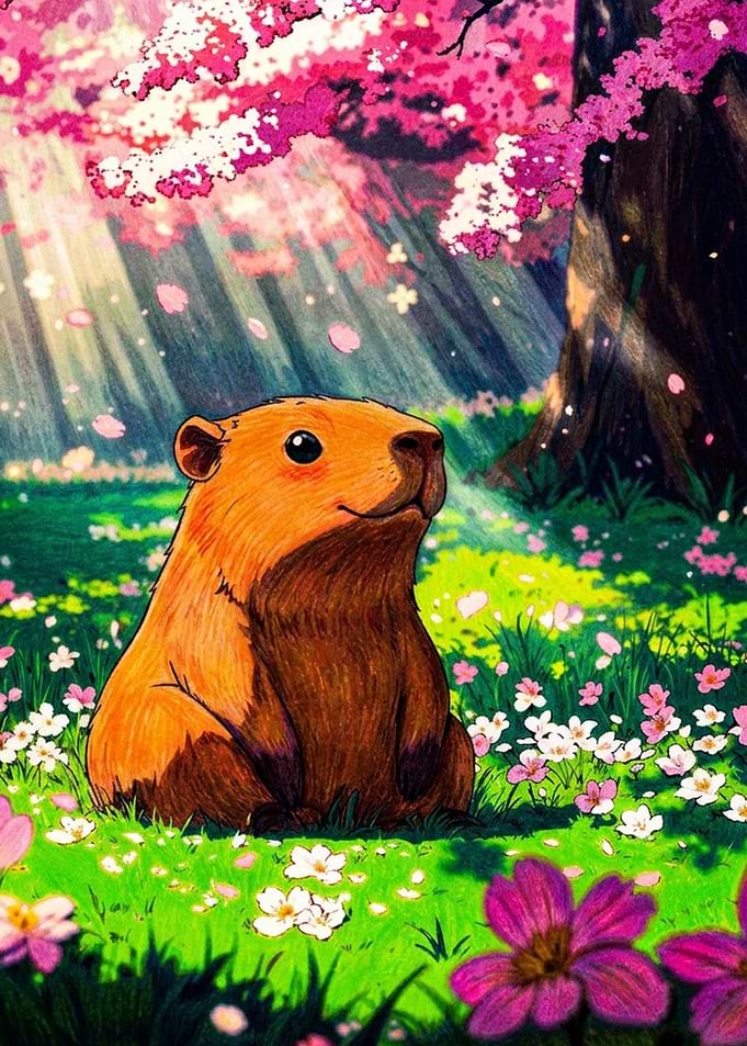 Cute Capybara in Cherry Blossom Forest