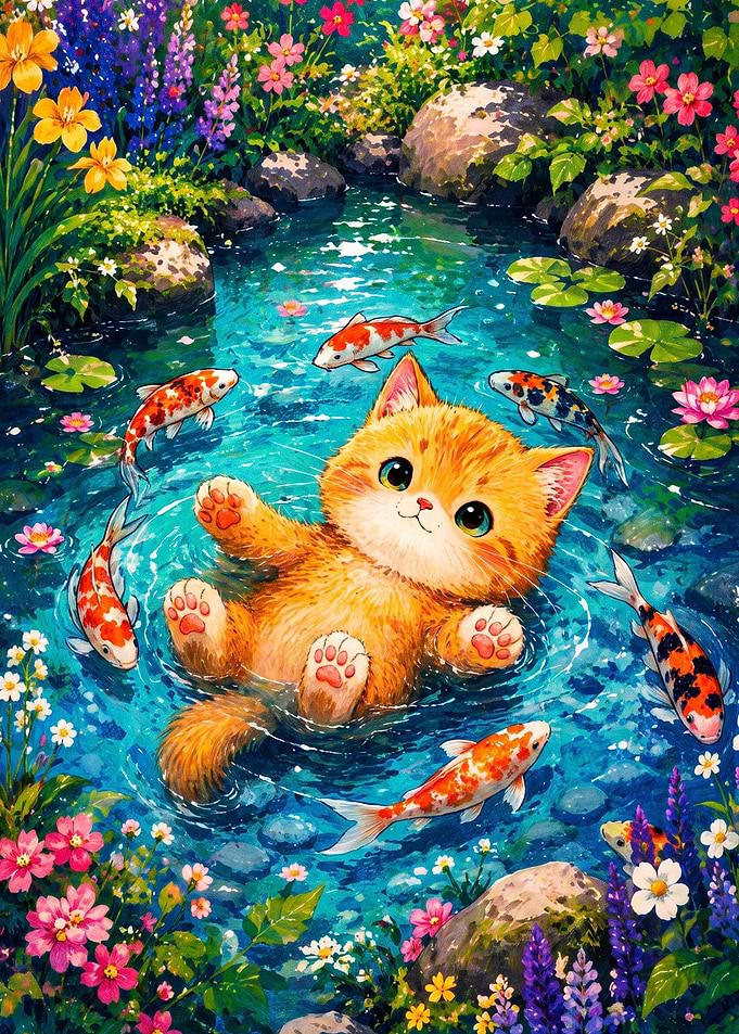 Cute Ginger Kitten Swimming with Koi