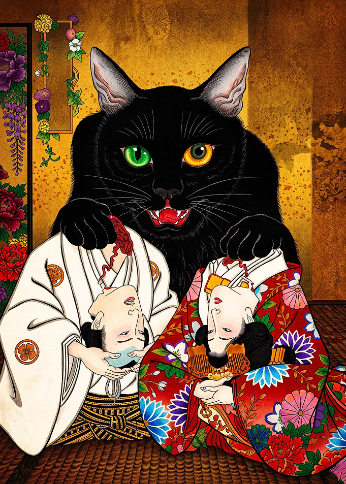 Surreal Japanese Cat Demon Illustration