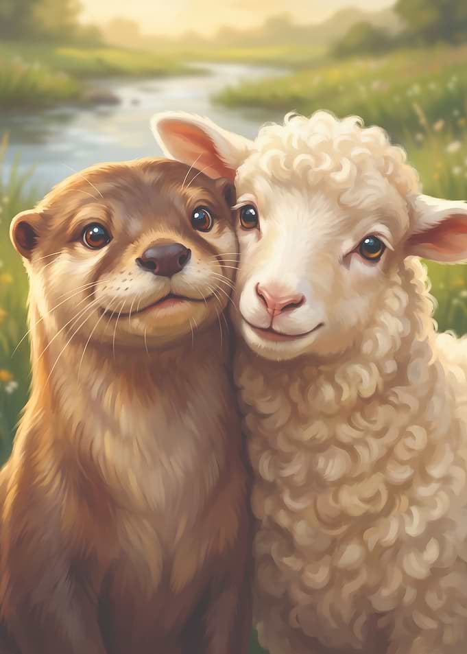 Cute Otter and Lamb Friends