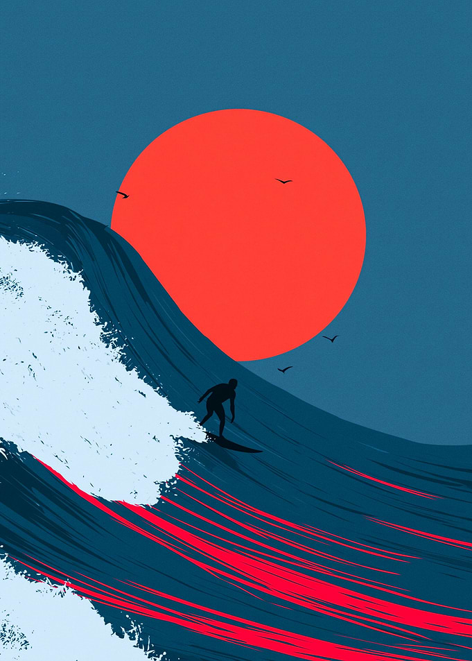 Surfer Riding Wave Under Red Sun