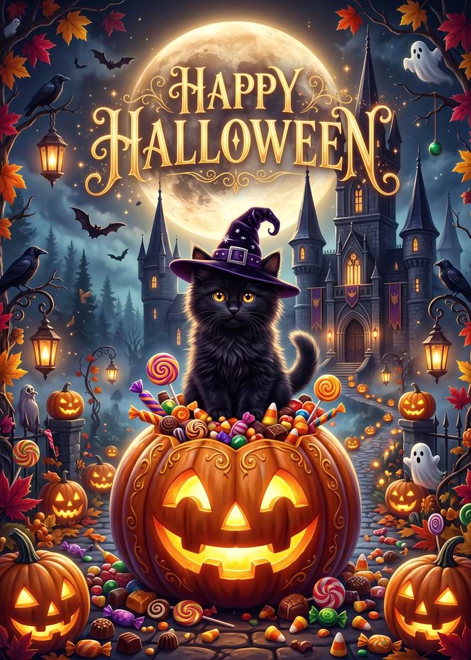Cute Black Cat Halloween Pumpkin Scene