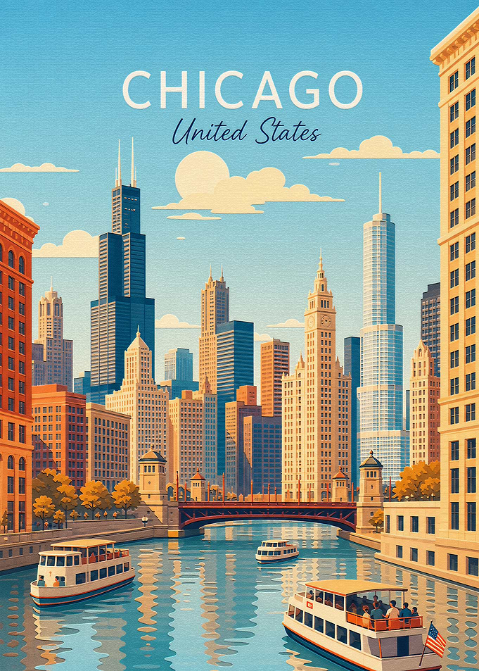 Vintage Chicago Cityscape Travel Poster