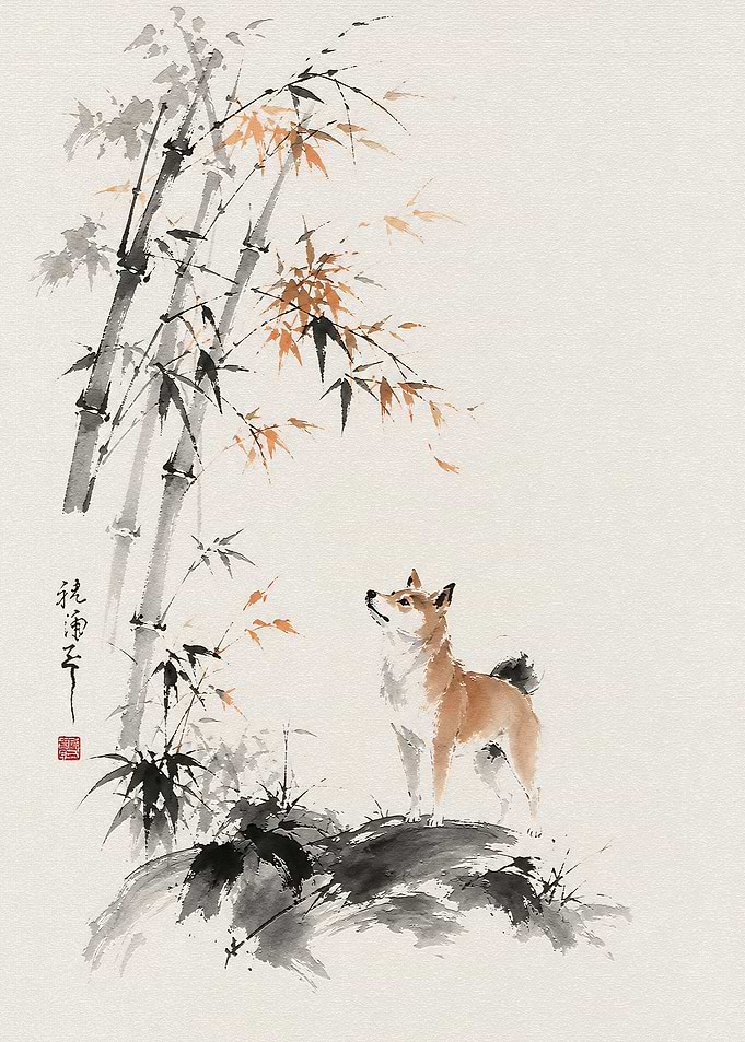 Shiba Inu with Bamboo Ink Painting