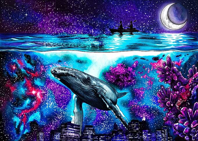 Surreal Cosmic Whale Over Cityscape