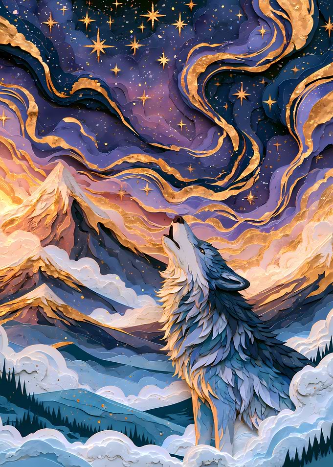 Wolf Howling at Starry Mountain Sky