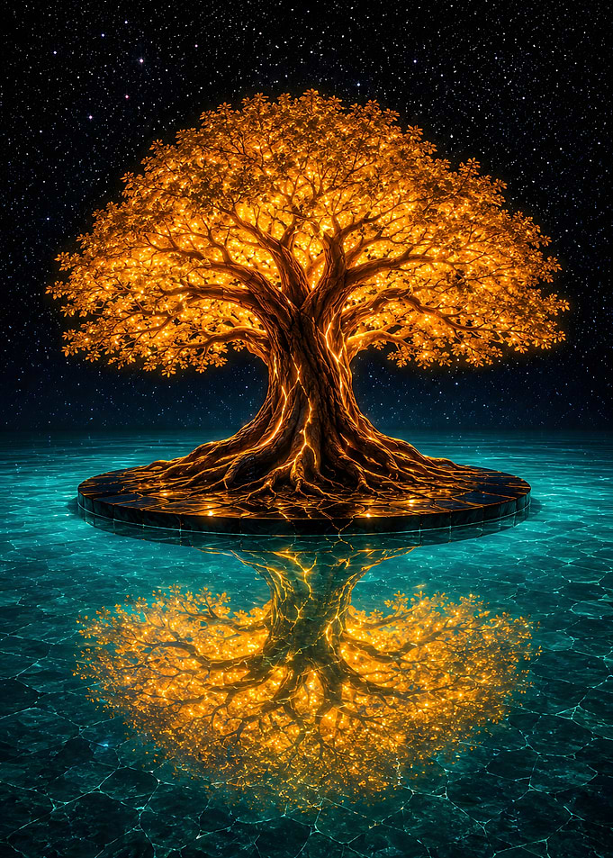 Glowing Golden Tree on Water