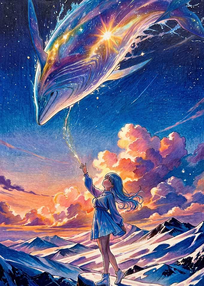 Girl Reaching for Cosmic Whale