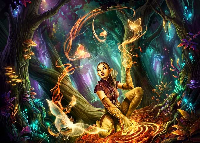 Elf Mage Casting Magic in Forest