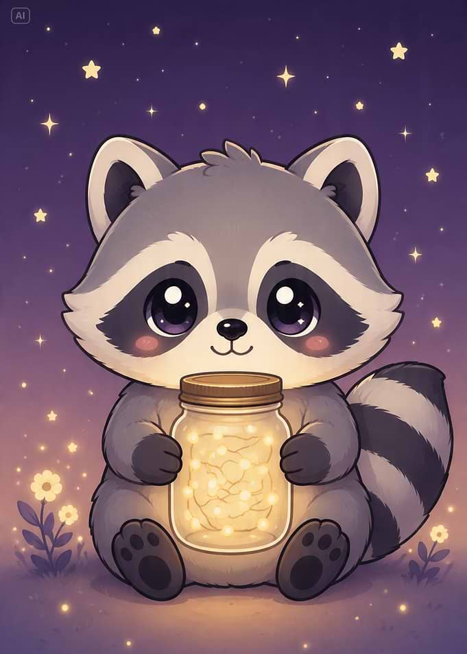 Cute Raccoon Holding Glowing Jar