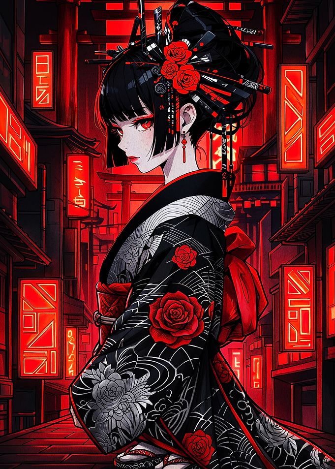 Anime Girl in Red Rose Kimono