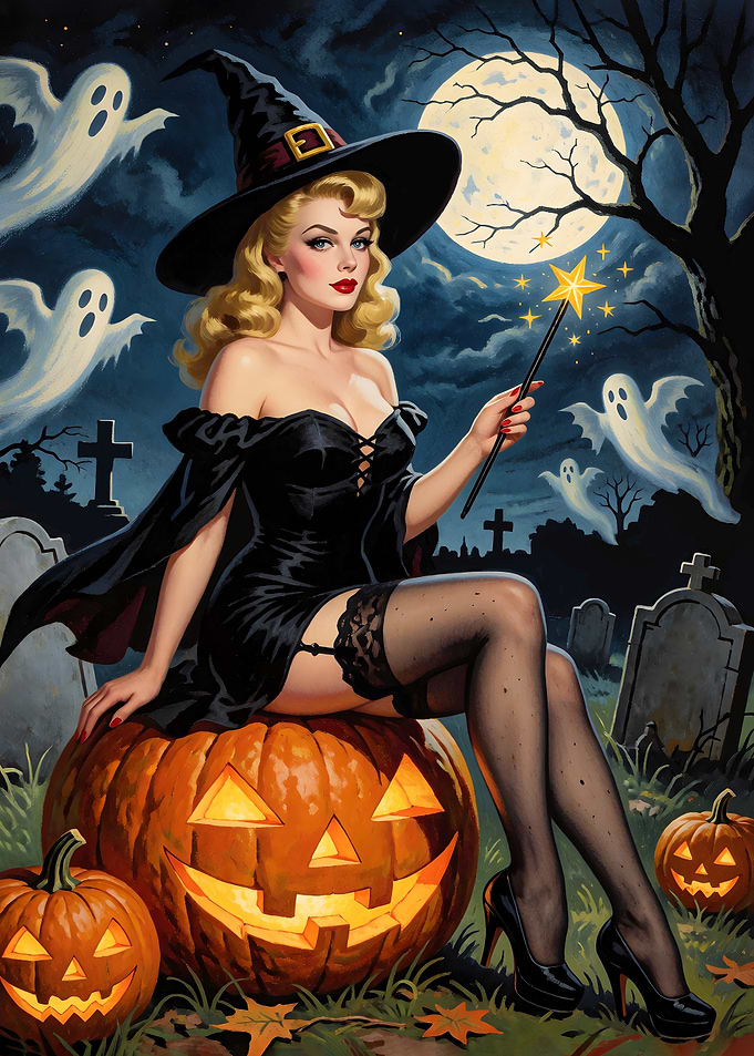 Pin-up Witch on Halloween Pumpkin