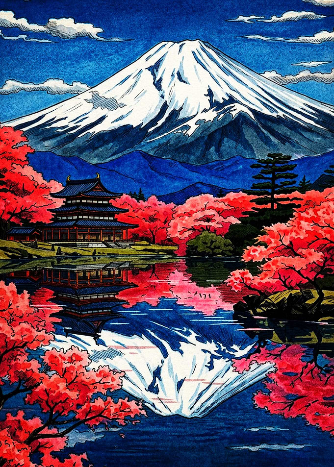 Mount Fuji and Temple Reflection