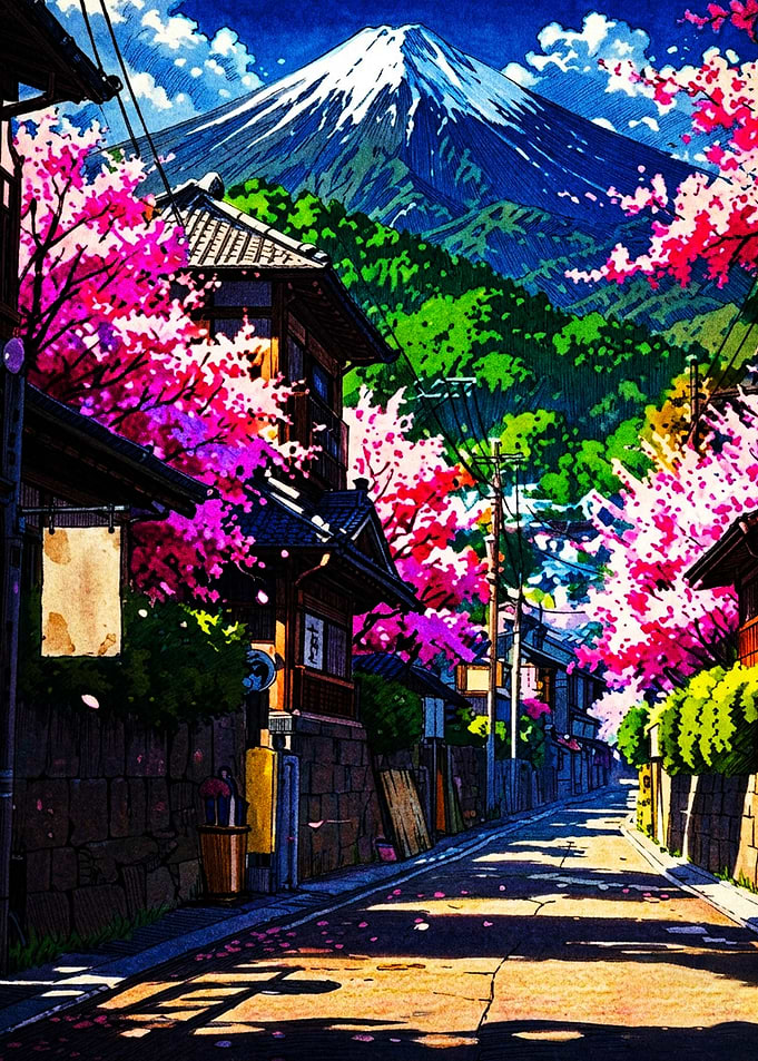 Mount Fuji and Cherry Blossom Street