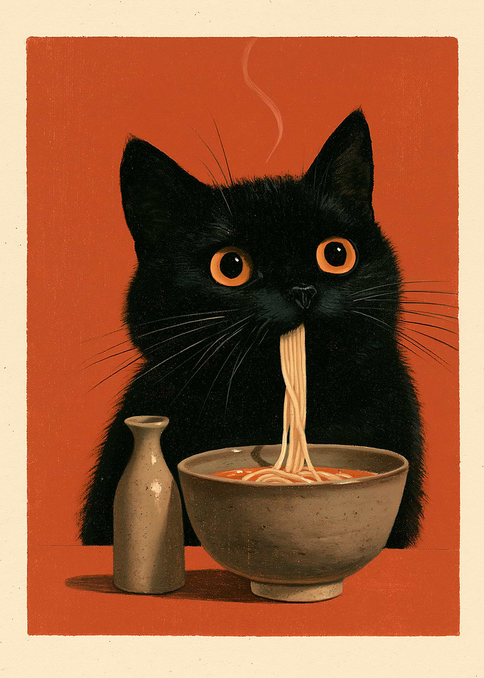 Black Cat Eating Ramen Noodles
