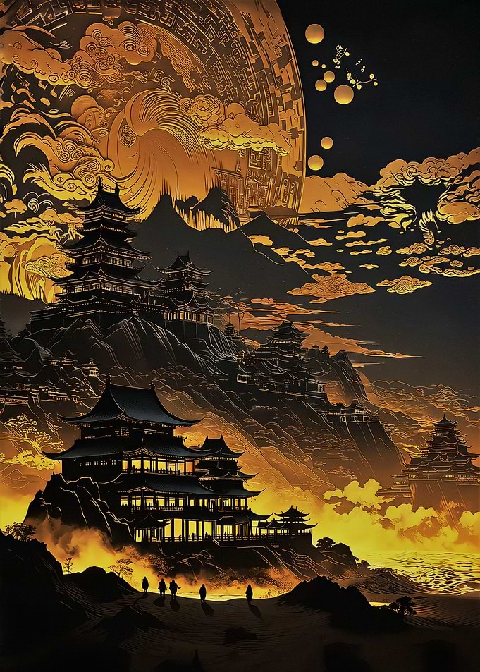 Golden Japanese Mountain Temple Landscape