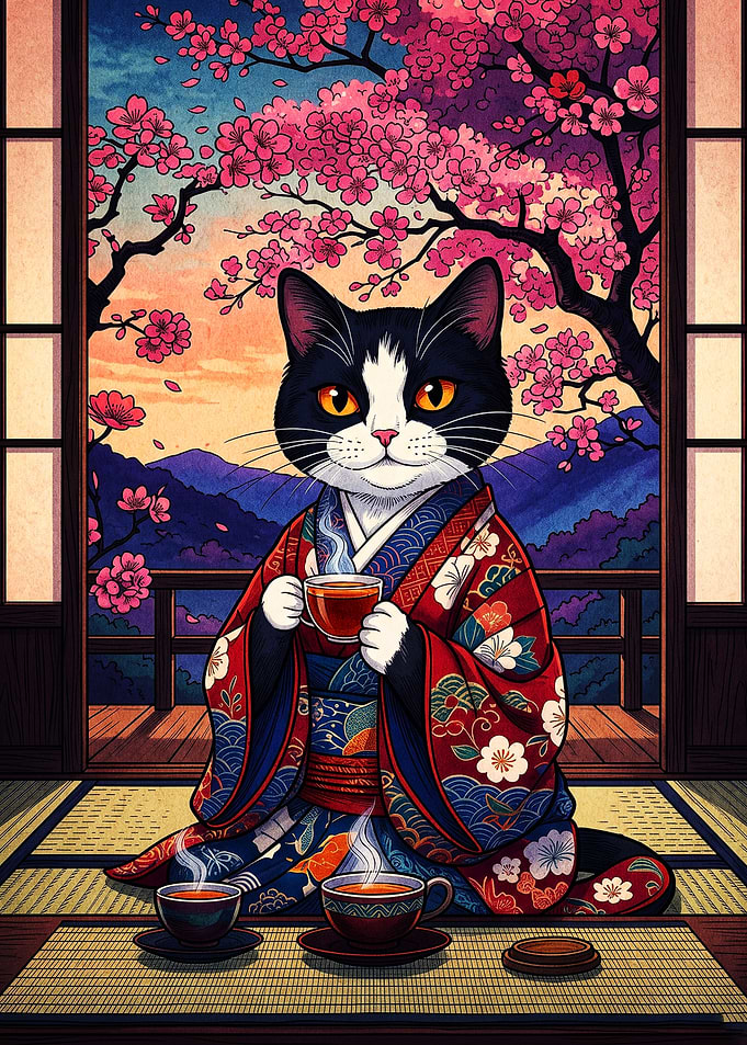 Cat in Kimono Drinking Tea