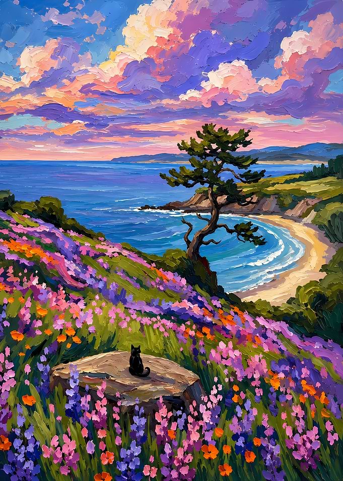 Black Cat Overlooking Coastal Sunset