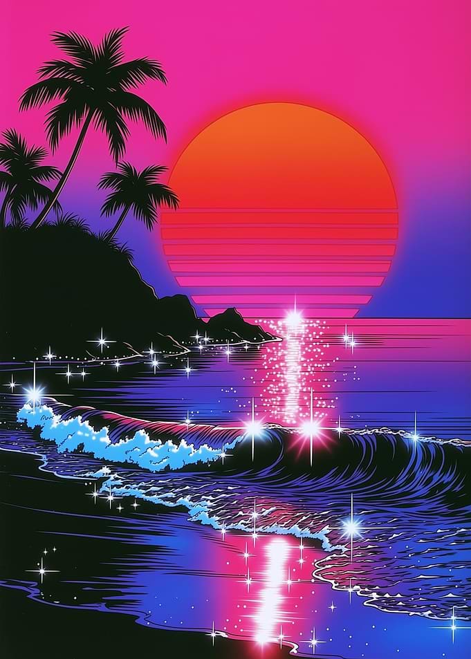 Synthwave Tropical Sunset Beach Scene