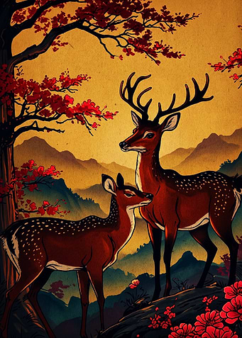 Two Deer in Autumn Landscape