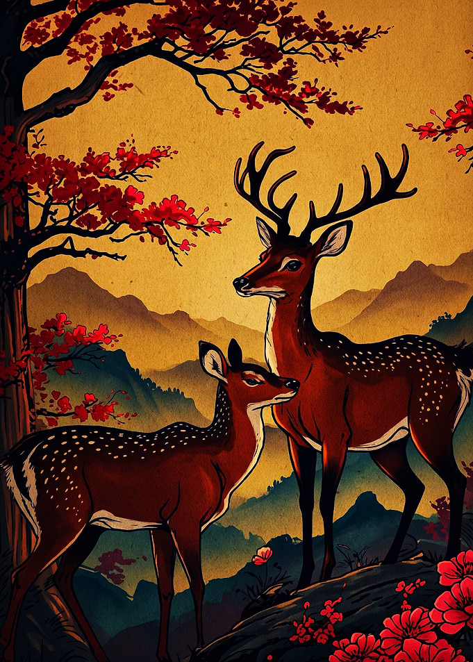 Two Deer in Autumn Landscape