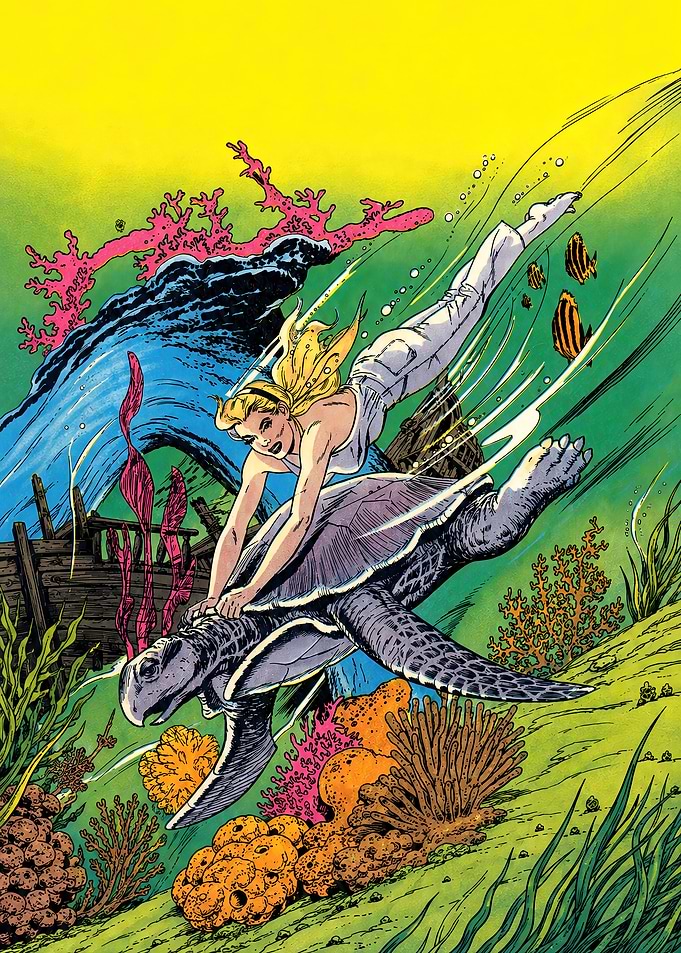 Undersea Blonde Woman Riding Sea Turtle