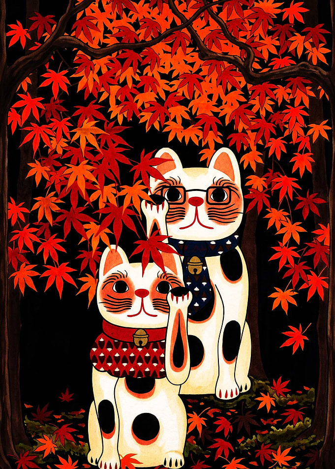 Maneki-neko Cats Under Autumn Maple Leaves
