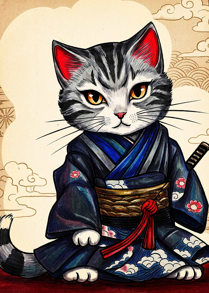 Samurai Cat in Traditional Kimono