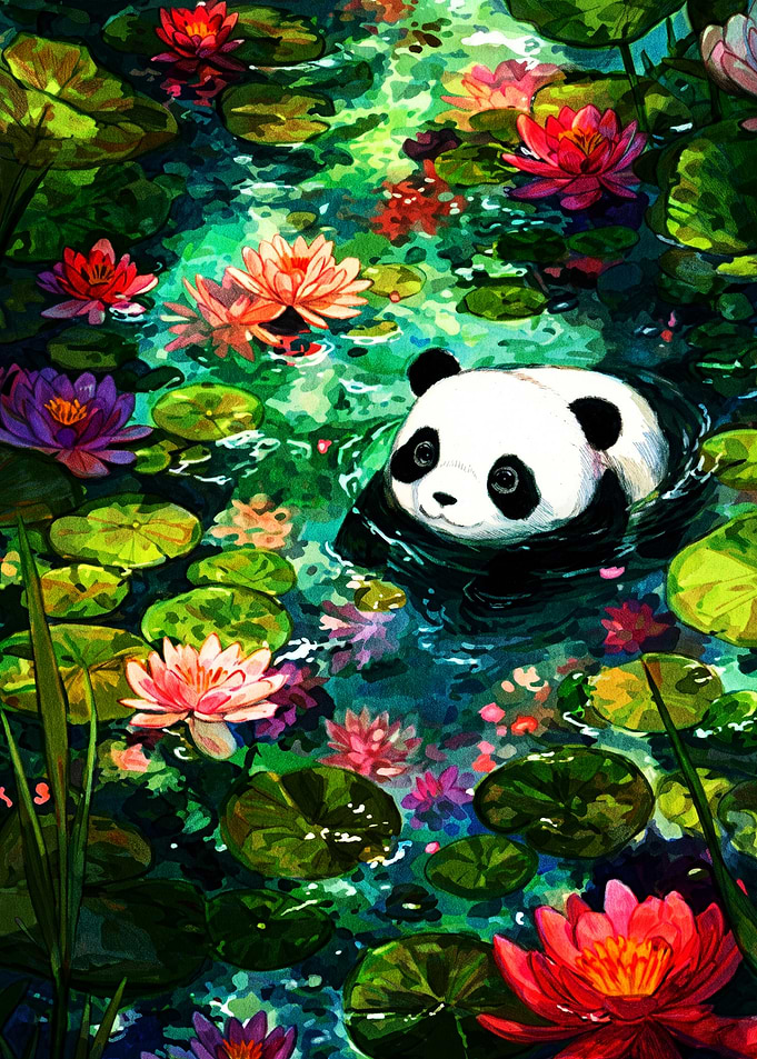 Cute Panda Swimming in Lotus Pond
