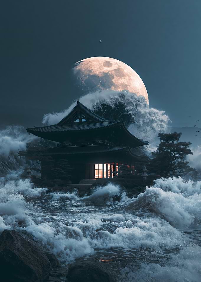 Japanese Temple Amidst Crashing Waves
