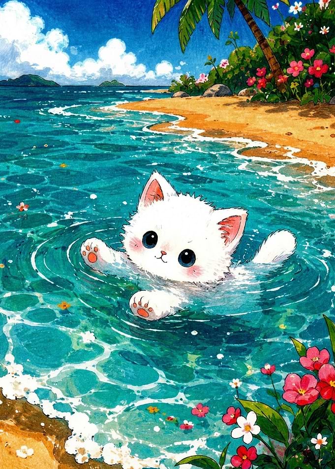 Cute White Kitten Swimming in Ocean