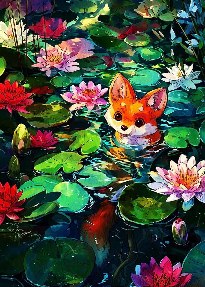 Cute Fox Swimming in Water Lilies