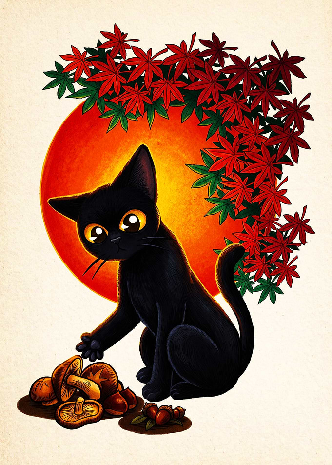 Cute Black Cat with Autumn Harvest