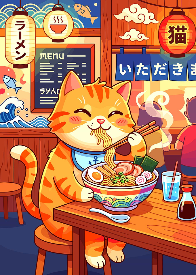Cute Cat Eating Ramen Illustration